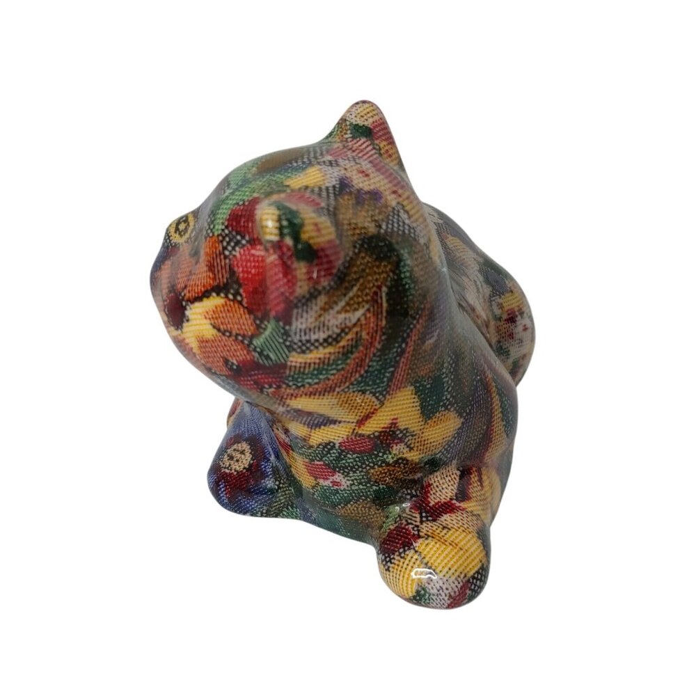Chintz Calico Cat Floral Figurine Fabric Covered Cat Ceramic Maroon Blue Yellow - Picture 5 of 7